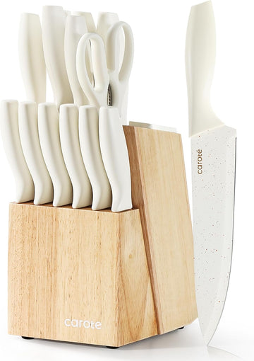 15-Piece Knife Set, Wood Block with Built-In Sharpener, Cream | Stainless Steel Knives, Ceramic Nonstick Coating