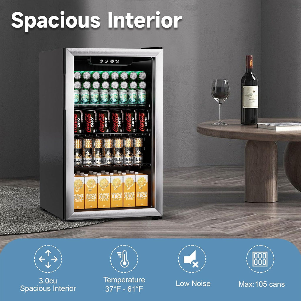3.0 Cu.ft Beverage Refrigerator Cooler, 105 Can Mini Fridge with Glass Door, Dig