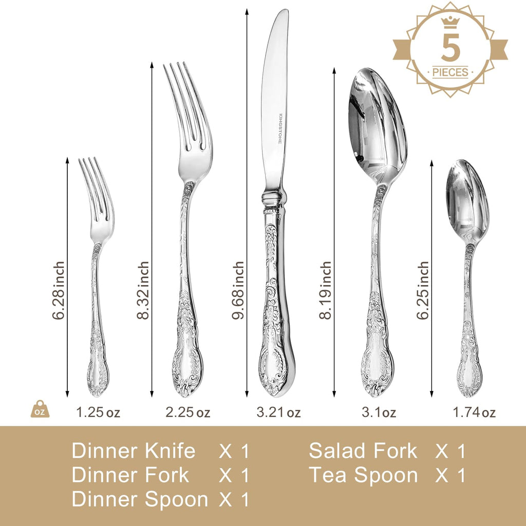 Silverware Set for 1, 5pc Vintage Flatware Set, 18/10 Stainless Steel