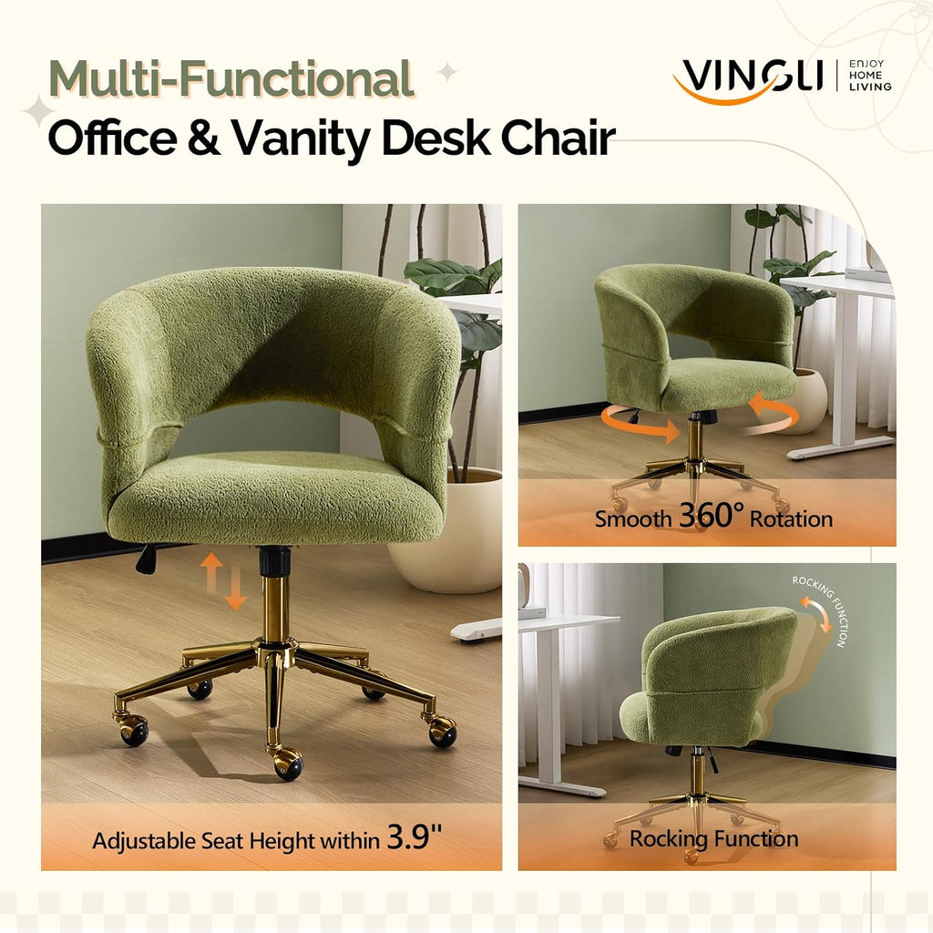 Modern Curved Office & Vanity Desk Chair, Cute Upholstered Nail Chair with Wheels & 360° Swivel & Club & Tilting & Gold Base, for Bedroom, Living Room, Makeup, Velvet Chenille, Green