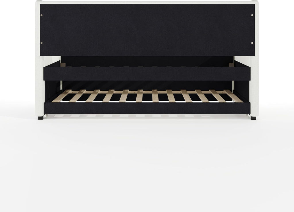 Simone Twin Upholstered Daybed with Trundle, Off-White | Pull-Out Trundle, Cushioned Headboard and Footboard, No Box