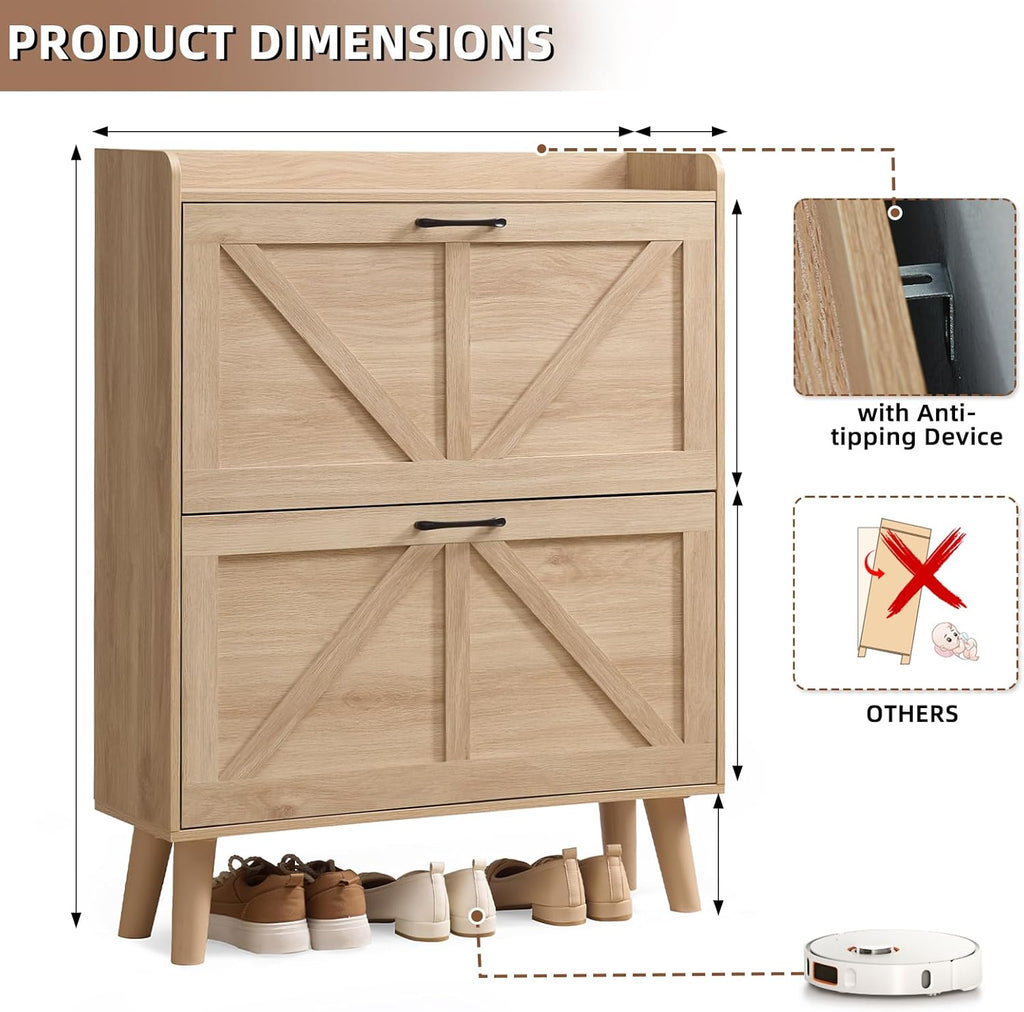 Shoe Cabinet Storage with 2 Flip Drawers Rack Narrow Organizer Slim Hidden Wood Shoe Cabinet Furniture Natural