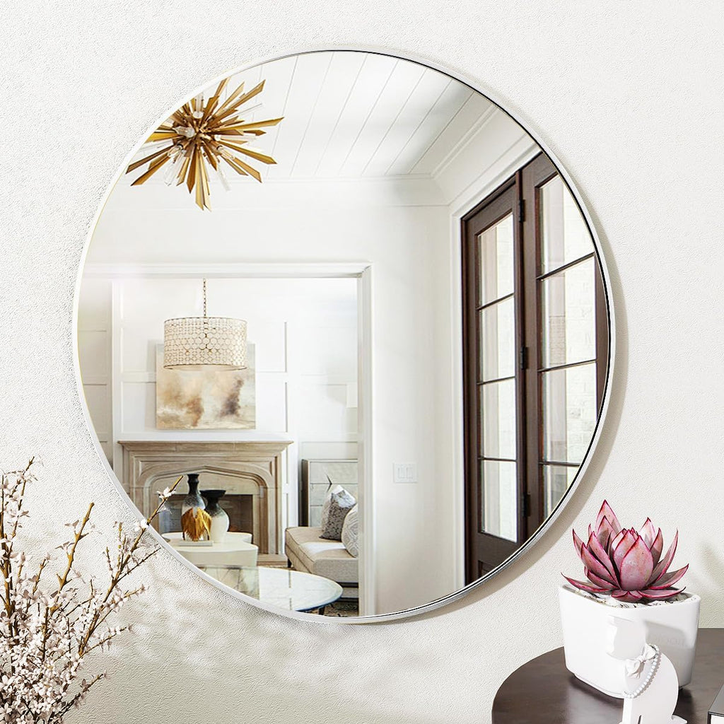 Silver Round Bathroom Mirror 30", Thin Metal Frame Wall Mirror