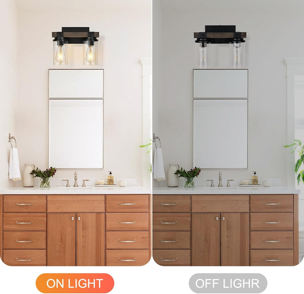 Farmhouse Bathroom Light Fixture Wood Black Vanity Lighting 2-Light | Wooden Wall Sconce Industrial Rustic Wall Light