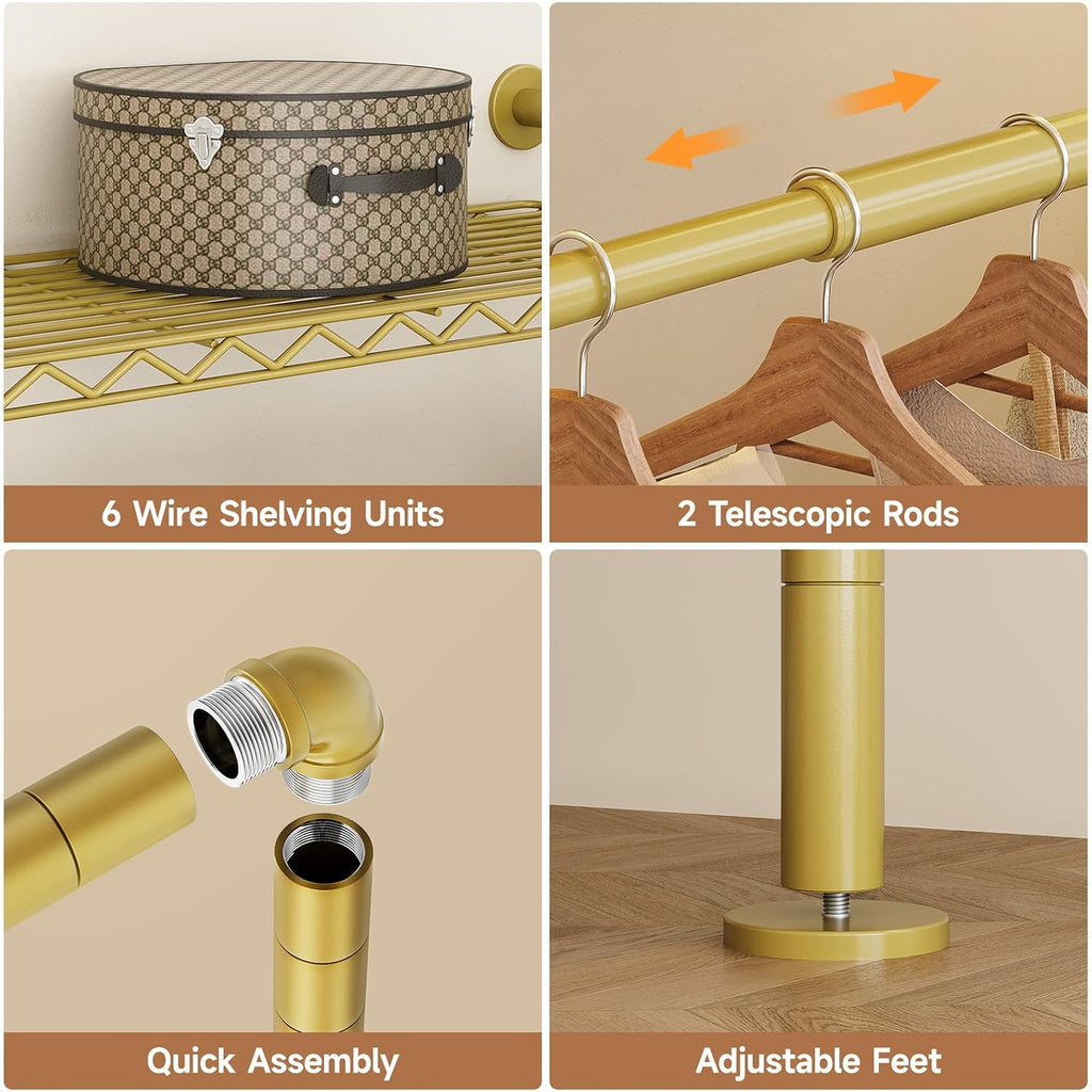 Wall Mounted Garment Rack, Walk-in Closet System with Expandable Rods, Adjustable Shelves, Industrial Pipe Clothing
