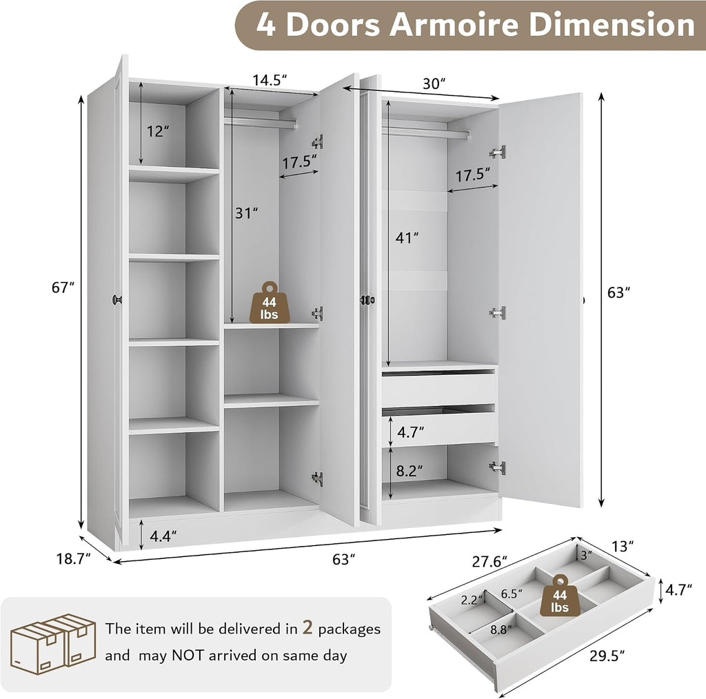 4 Doors Armoire Wardrobe Closet with 2 Drawers, 63" Large Wardrobe Cabinet with Removable Hanging Rods and Adjustable