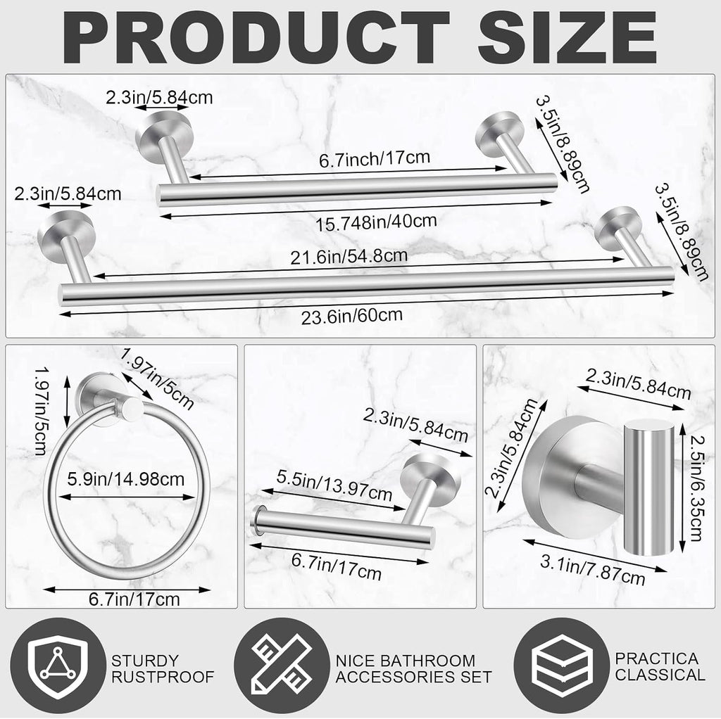 15 Pcs Brushed Nickel Bathroom Accessories Hardware Set Silver Towel Racks SUS304 Stainless Steel 23.6 Inch Brushed
