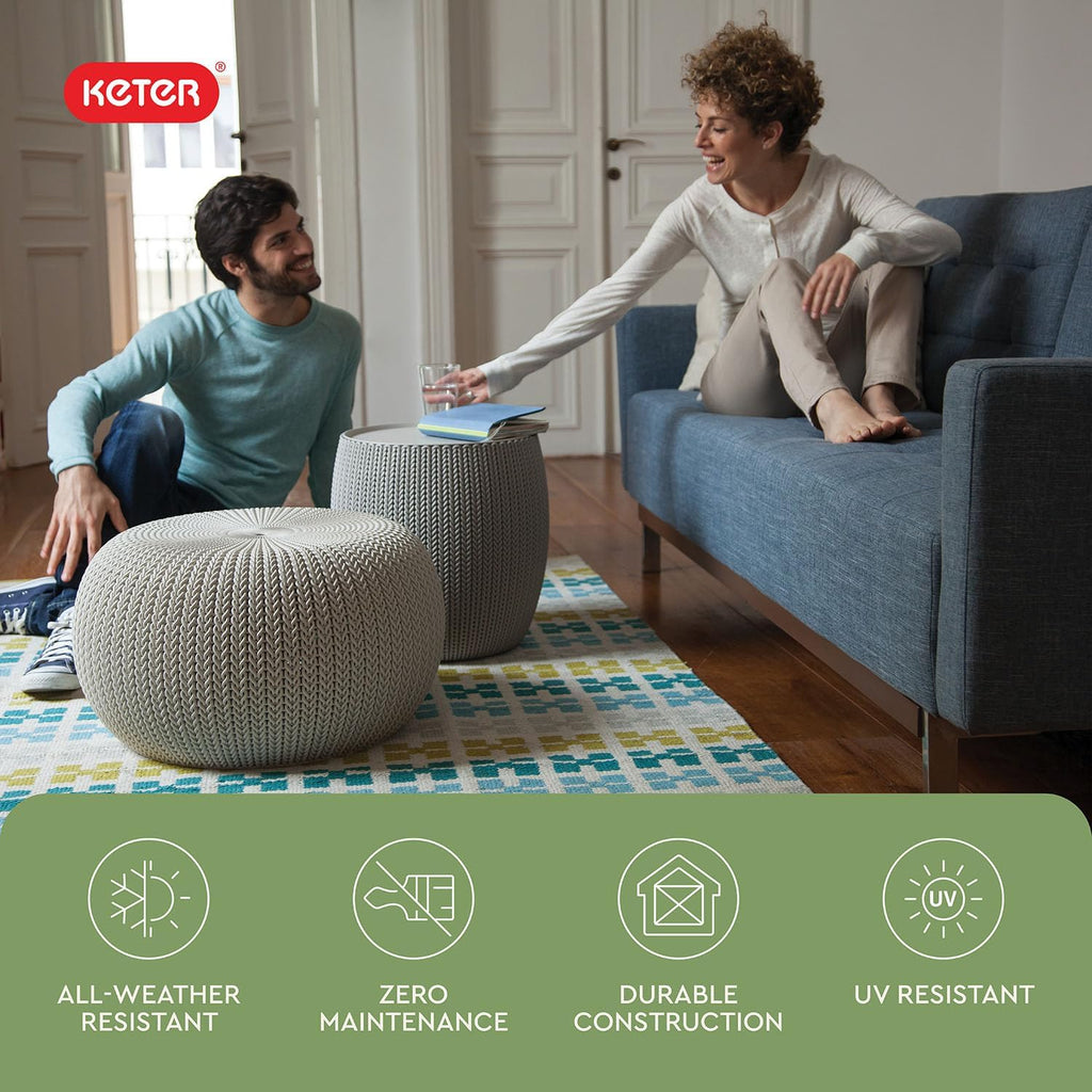Urban Knit Pouf Ottoman Set of 2 with Storage Table and Room Décor - Perfect for Balcony, Deck, and Outdoor Seating