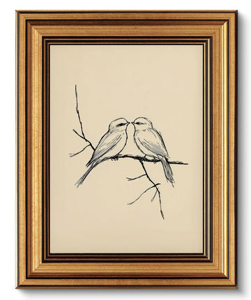 Vintage Gold Framed Canvas Wall Art Neutral Bird Wall Decor Rustic Birds in Love on a Branch Poster Print Sketch