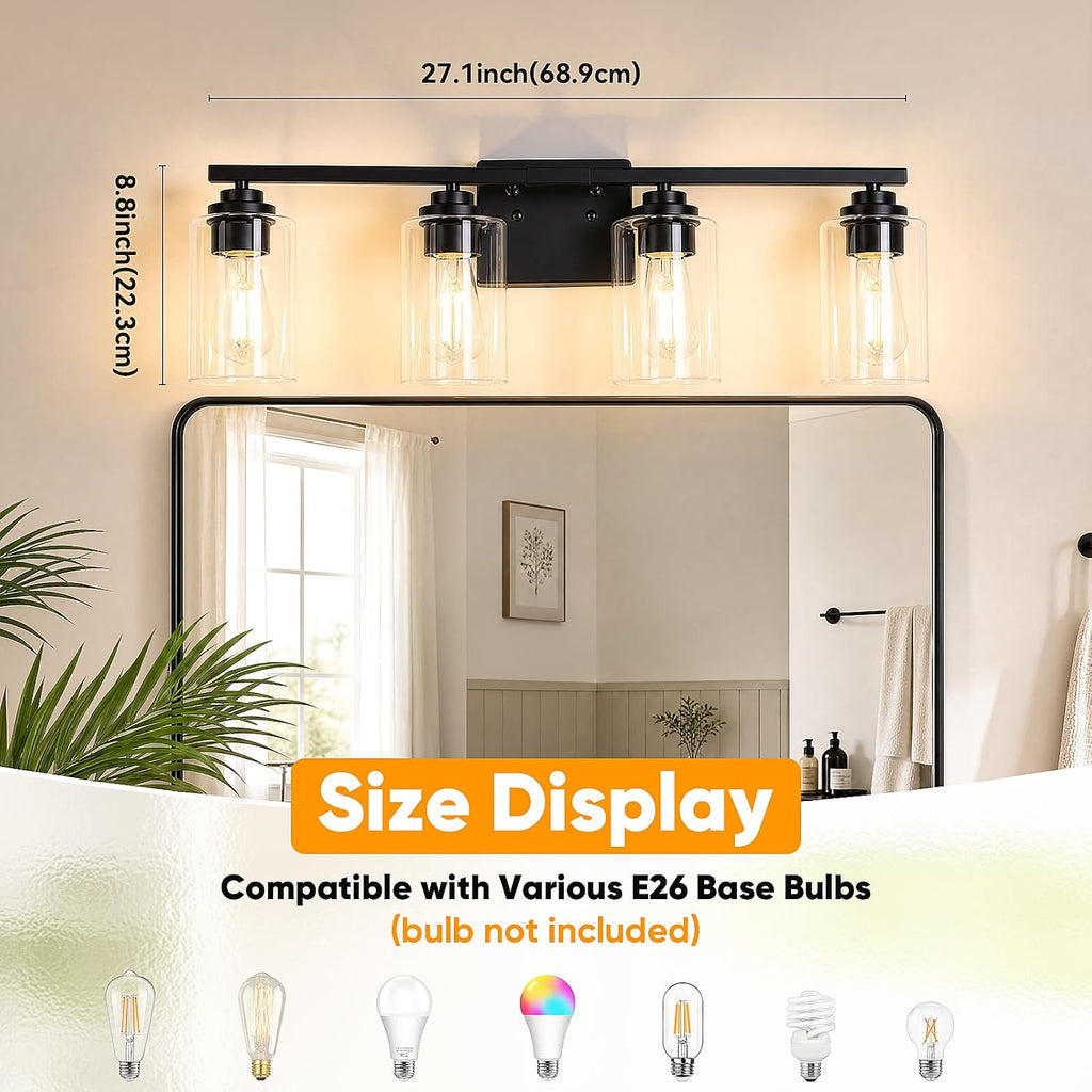 Black 4 Lights Bathroom Light Fixtures Over Mirror 27 Inches | Modern Vanity Lights Over Mirror with Clear Glass