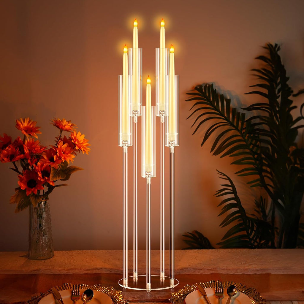 4 Pcs Acrylic Candelabra Centerpieces Clear Taper Candle Candlestick Holder Crystal 5 Arm Candlesticks Holder with