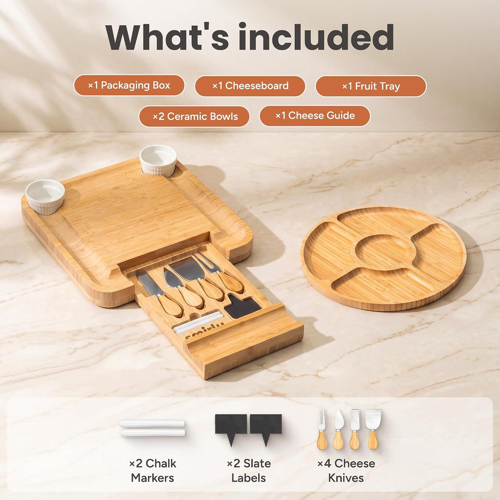 Charcuterie Board Set with Serving Accessories, Bamboo | Housewarming, Wedding, Bridal Shower and Birthday Gift for
