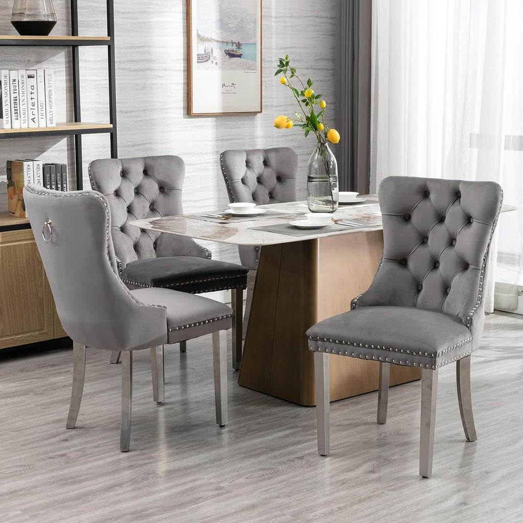 Gray Velvet Dining Chairs Set of 4, Tufted Kitchen & Dining Room Chairs | Four Fabric Dinning Chairs, Velvet