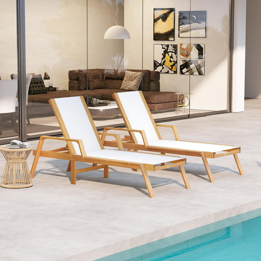 Wood Chaise Lounge Chair Outdoor, Patio Sun Lounger with Adjustable Back, Acacia Wood Lounge Chair with Breathable