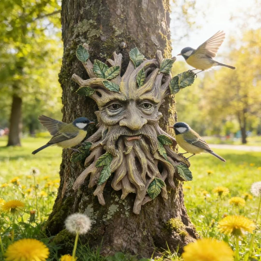Whimsical Tree Face Garden Decoration, Tree Faces Decor Outdoor Wallmounted Statue Art with Leaf Features, Outdoor
