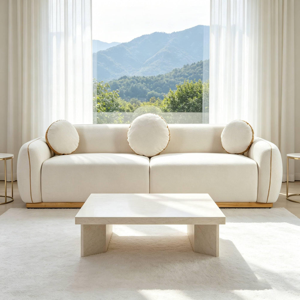 91" Modern Sofa, Upholstered Chenille Couch Curved Sectional Sofas with 3 Round Pillows, Luxury Deep-Seat Comfortable