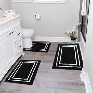 Bathroom Rugs Sets 3 Piece, Modern Black and White Bathroom Mat Set Non Slip Machine Washable, Soft Absorbent Bath