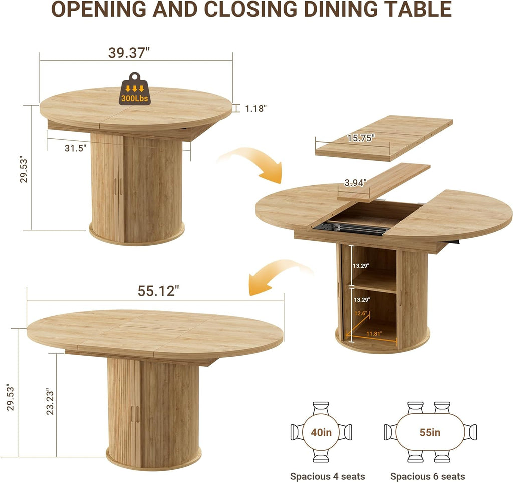 40-55in Extendable Round Dining Table for 4 - 6, Modern Oval Dining Table, Multi-Use Kitchen Table with Removable