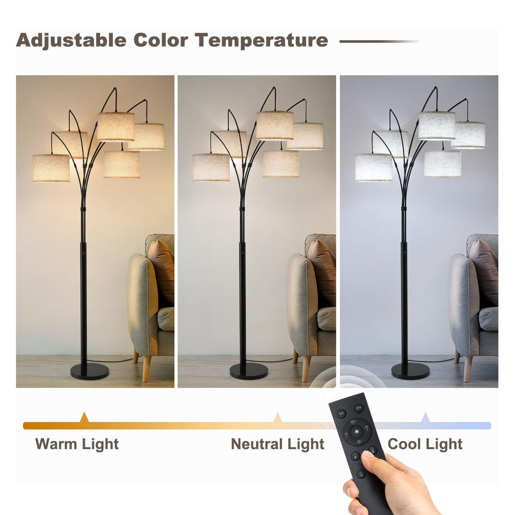Bright Floor Lamp, Remote Control, Beige Shade Black Pole