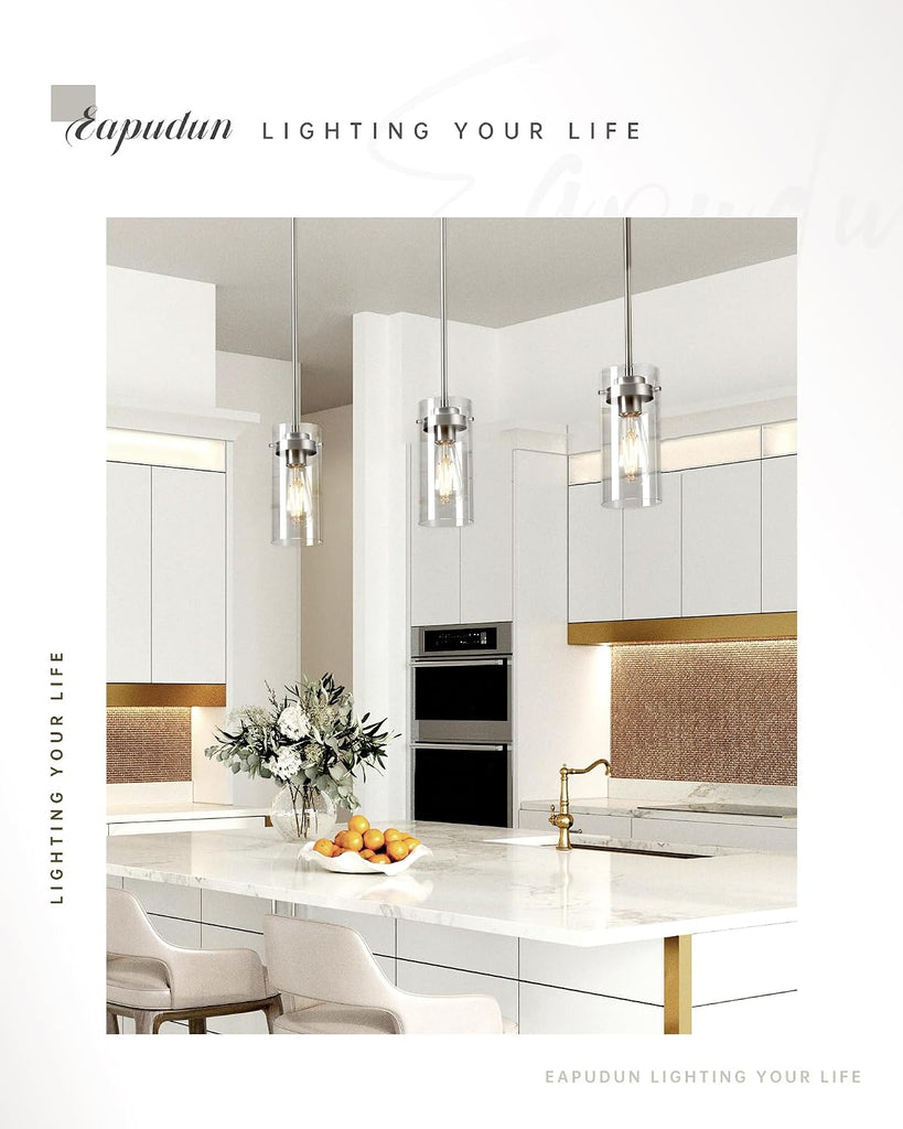 Pendant Light (2 Packs), Kitchen Ceiling Hanging Light, Adjustable Height, Kitchen Light Fixtures Brushed Nickel