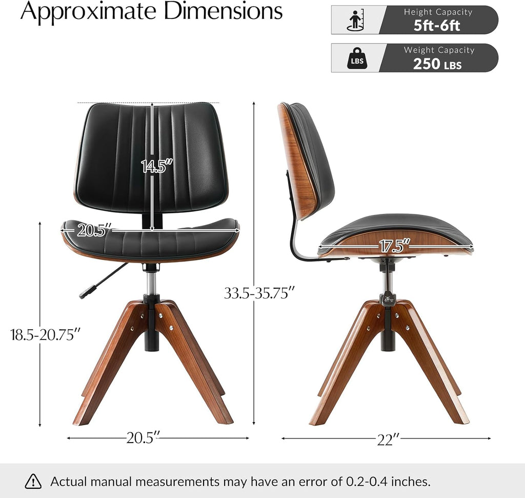 Faux Leather Home with Solid Wood Legs, 360° Swivel Desk Chair No Wheels with Bentwood Design, Mid-Century Modern