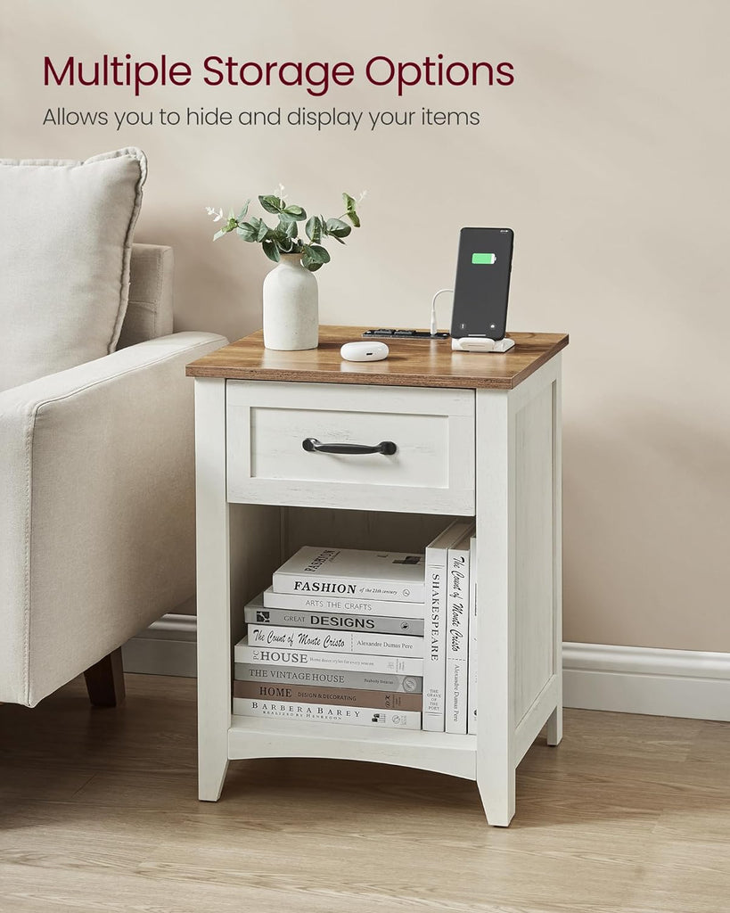 Farmhouse Nightstands with Charging Station, Set of 2 Bedside Tables, Side Tables with Drawer, Open