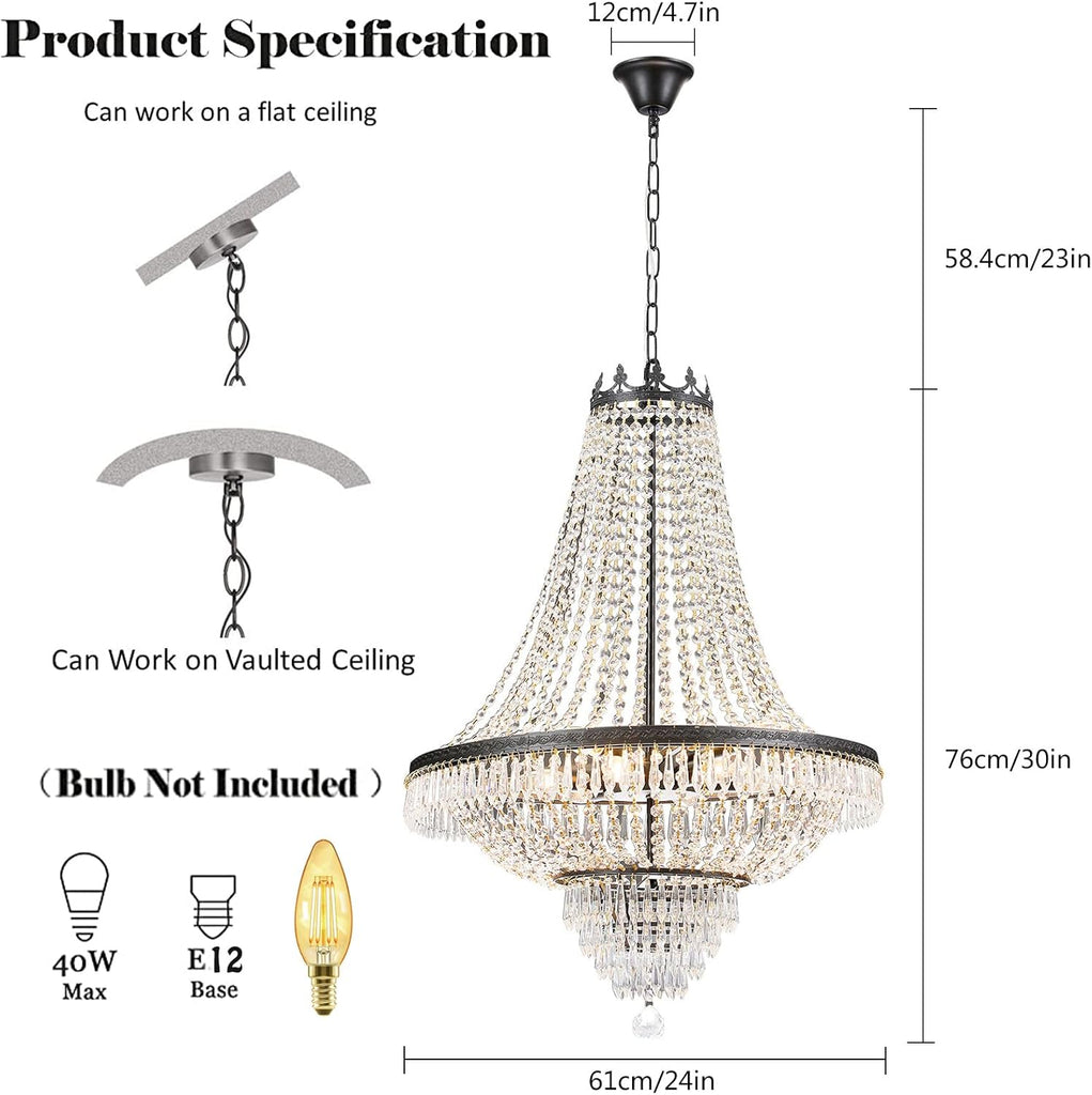 Crystal Chandelier, 9-Light French Empire Country Foyer Chandelier Pendant, Hanging Ceiling Lighting Fixture for Dining Living Room Bedroom Kitchen, W 24'' x H 30'', Black