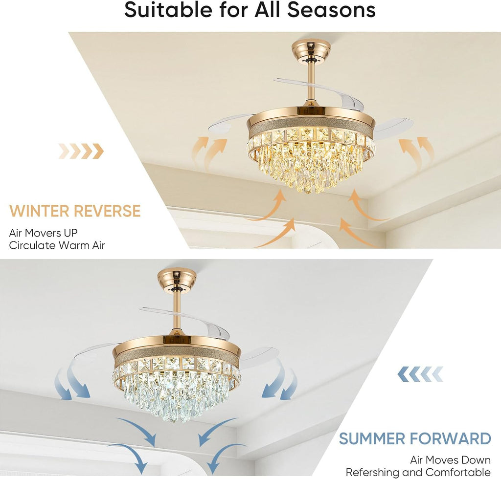 48 Inch Chandelier Ceiling Fans with Lights, Retractable Ceiling Fan with Lights, Crystal Fandelier Ceiling Fan