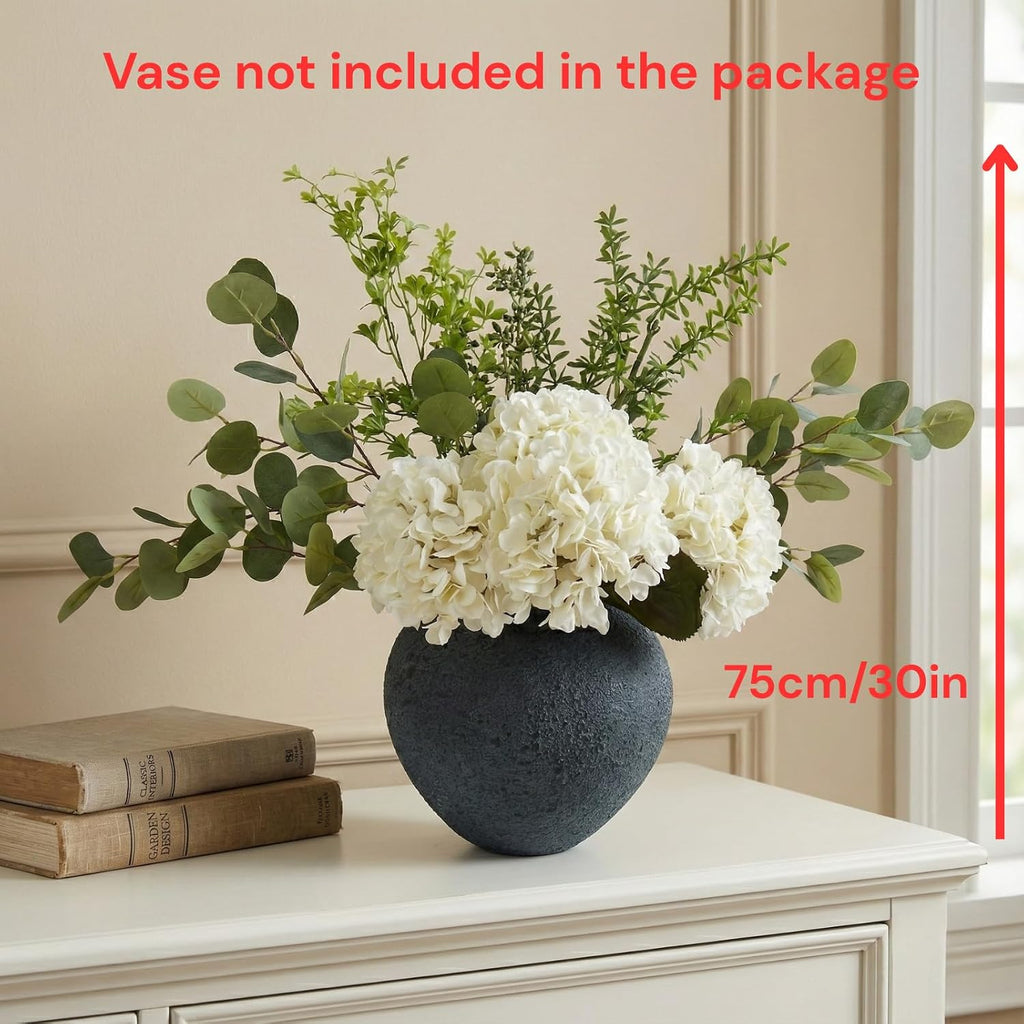 Faux Arrangement - Eucalyptus & White Hydrangea Flowers, Large Artificial Floral Greenery Centerpieces for Tables