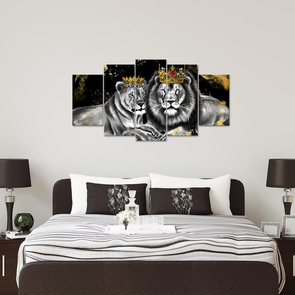 5 Piece Lion and Lioness Canvas Wall Art King and Queen with Golden Crown African Animal Painting Artwork Bedroom