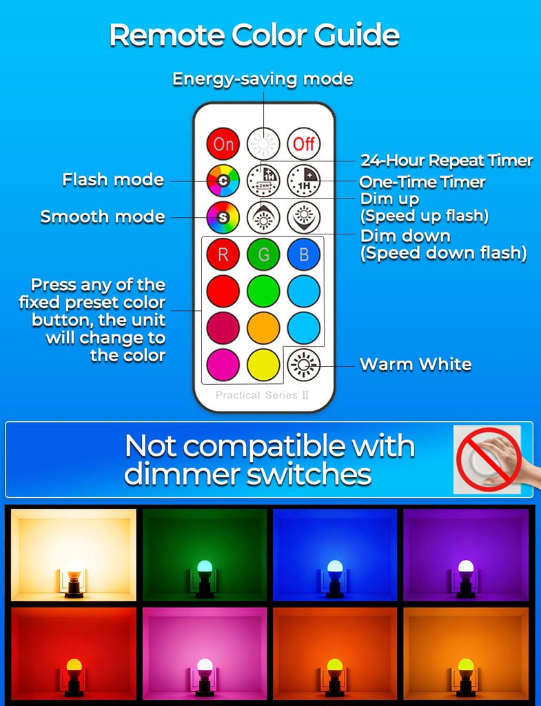 RGB LED Light Bulb, Color Changing Light Bulb, 40W Equivalent, 450LM, 2700K Warm White 5W E26 Screw Base RGBW, A15 (4 Pack)