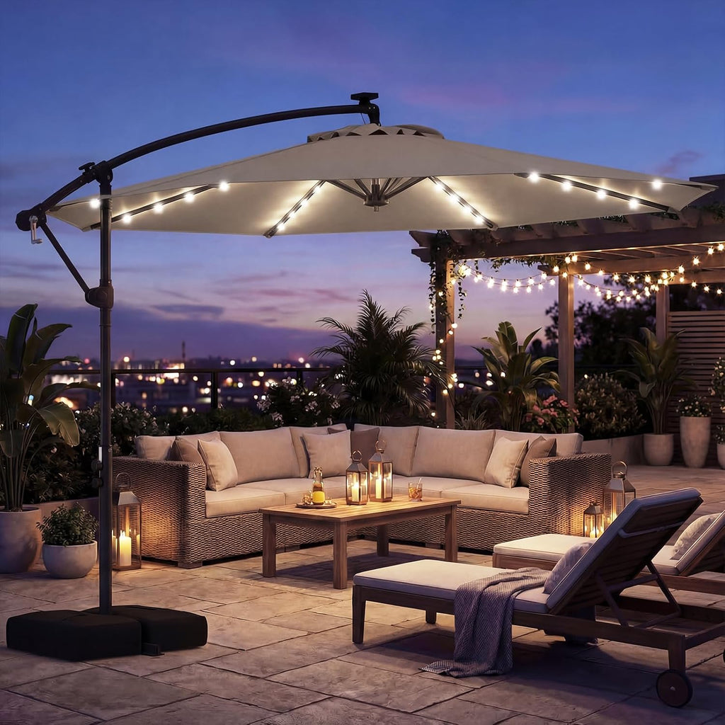 10ft Solar Patio Umbrella with Base Included, Offset Cantilever Outdoor Umbrella with 32 LED Lights