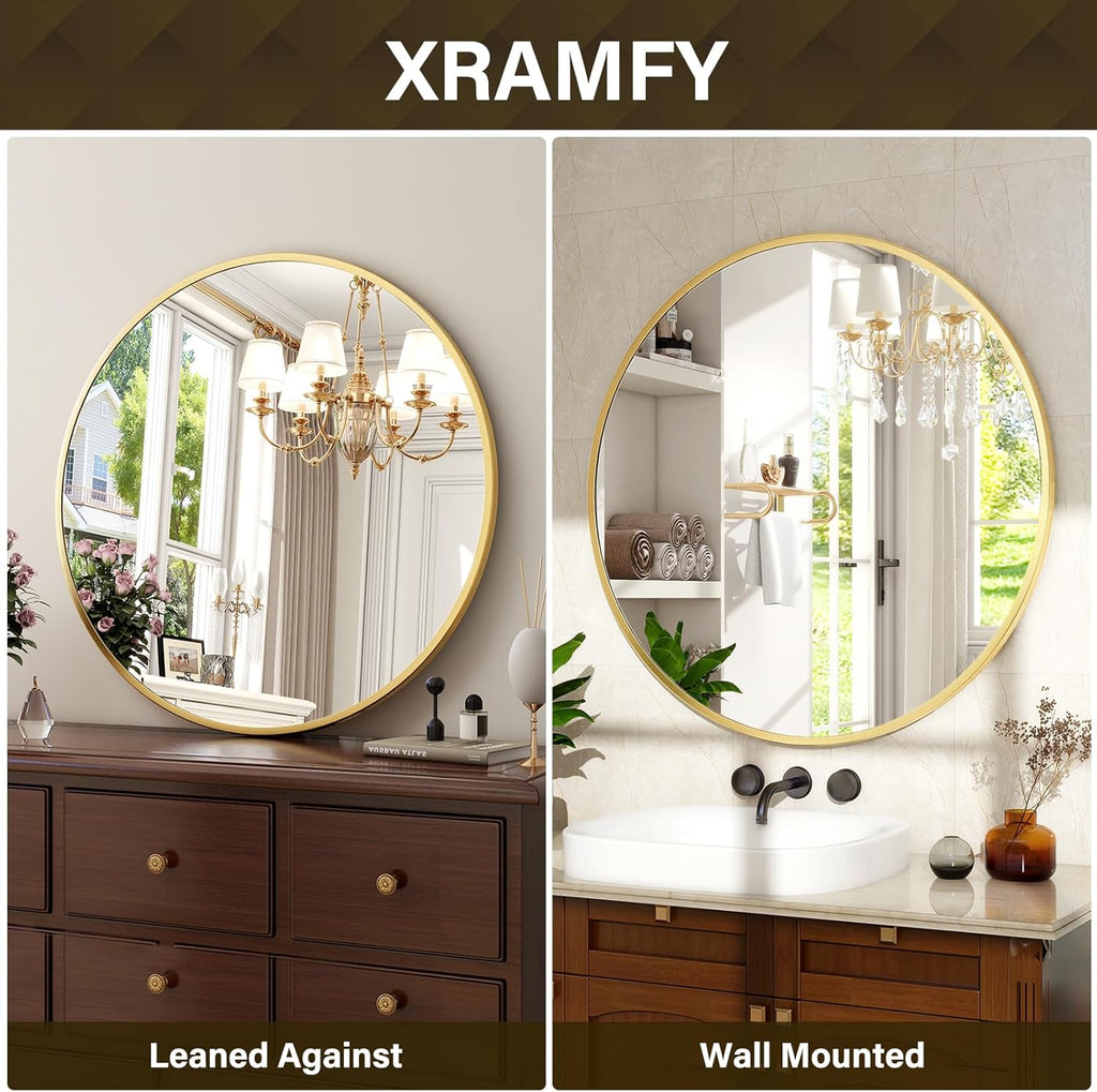 30 Inch Round Mirror - Circle Mirrors Wall Decor, Modern Hanging Vanity Mirror, Matte Gold Circle Decorative Wall Mirror