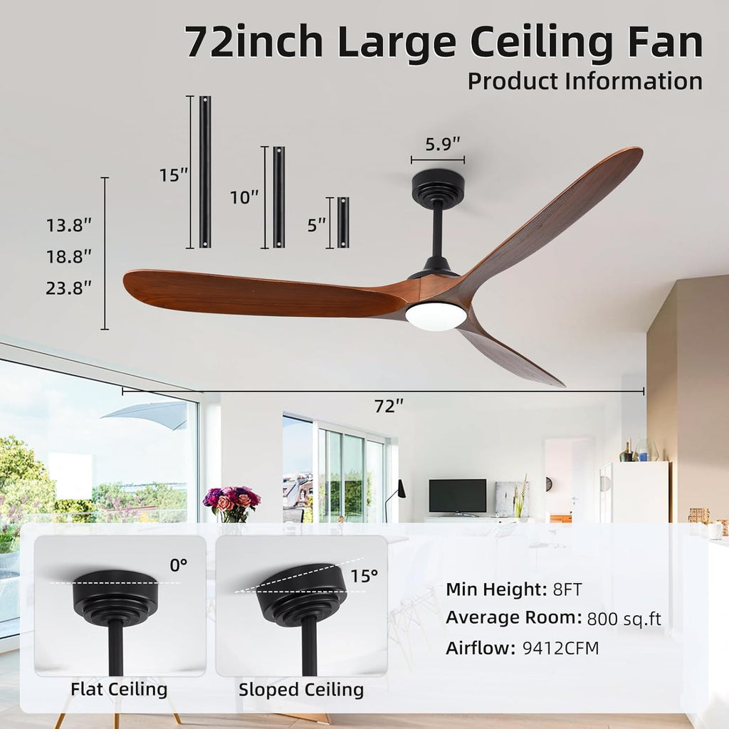 Inspired Maverick Style Fan - 72 Inch Solid Wood Ceiling Fan with Light and Remote, Quiet DC Motor, Smart App & Voice Control - Walnut