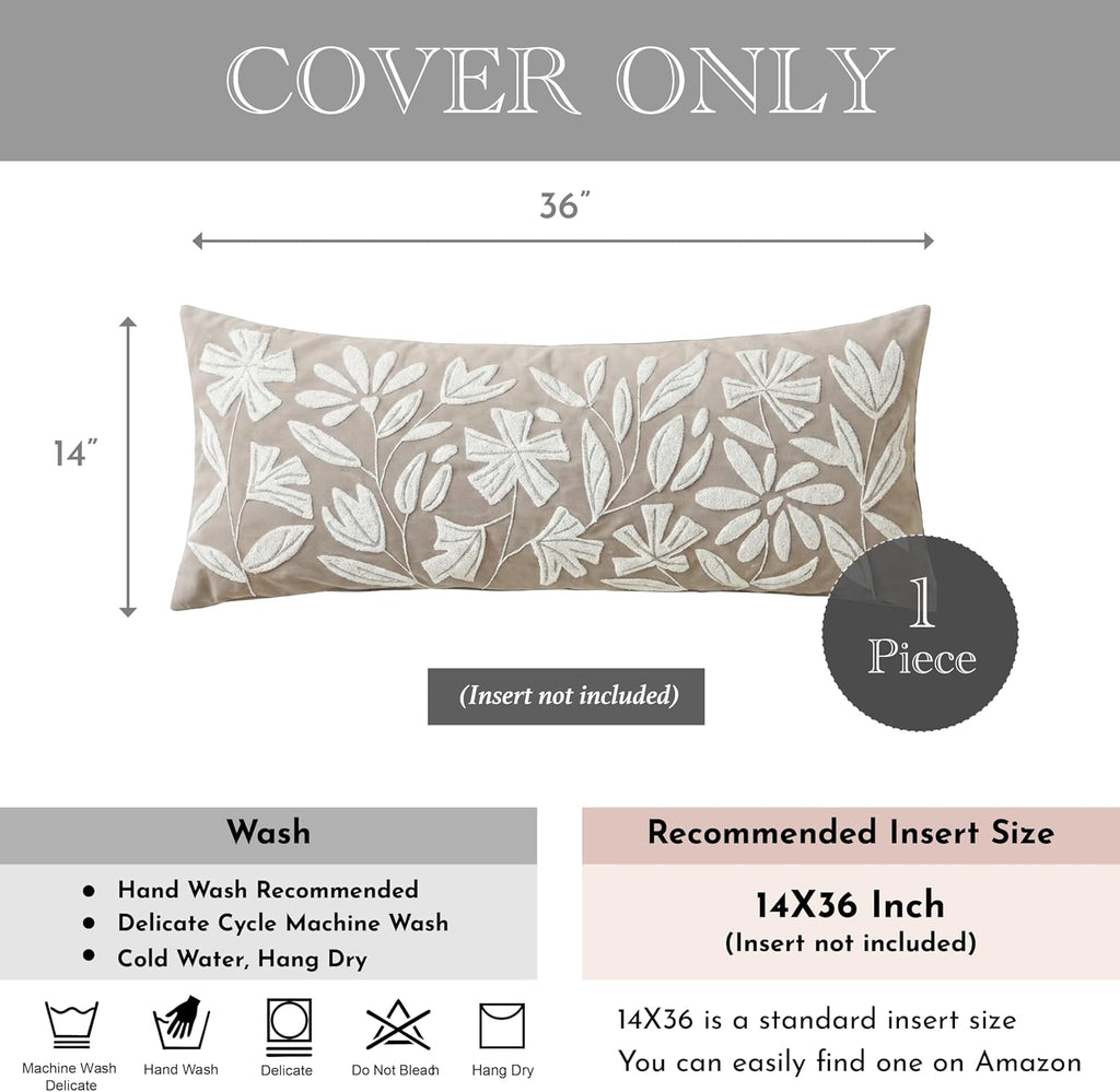 14x36 Lumbar Pillow Cover, Taupe Rectangular Long Throw Pillowcase, Embroidered Velvet Floral Tufted Farmhouse Accent