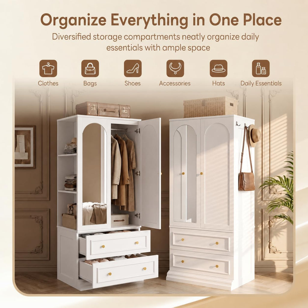 Armoire Wardrobe Closet with Full Length Mirror, 3 Open Shelves | 71" Freestanding Bedroom Armoire with 2 Drawers, 3