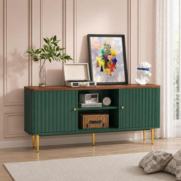 55" Fluted TV Stand, Mid Century Modern Green TV Stand for 55/60/65 inch TV, Entertainment Center with Storage