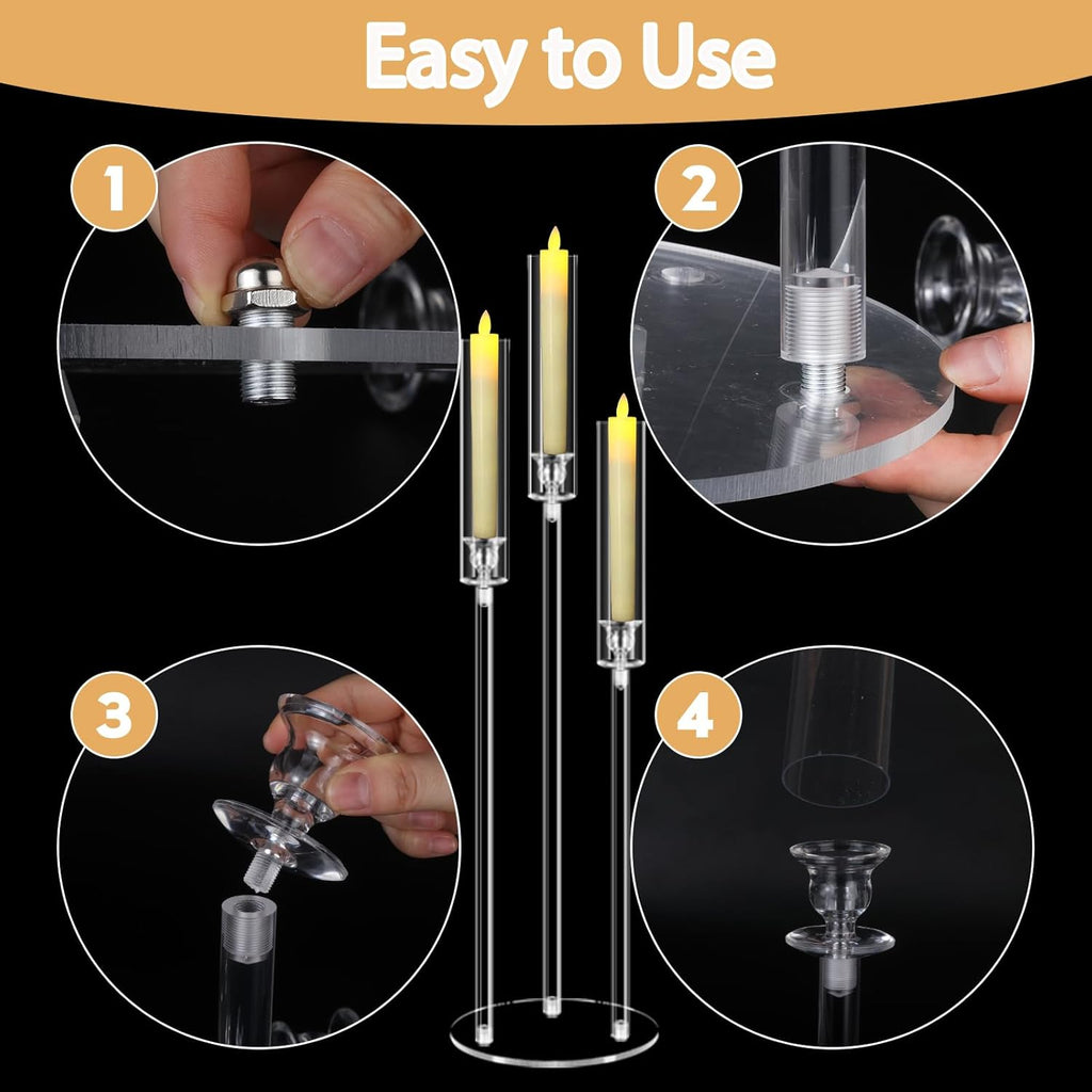 6 Set 3 Arms Acrylic Candelabras with Shades, 42" Floor Candelabra Centerpieces,Clear Candle Holder for Table