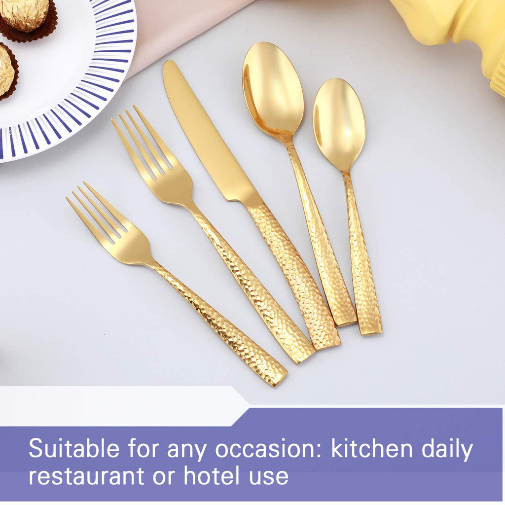 Silverware Set Flatware Set Gold Hammered 20 Pieces Service for 4