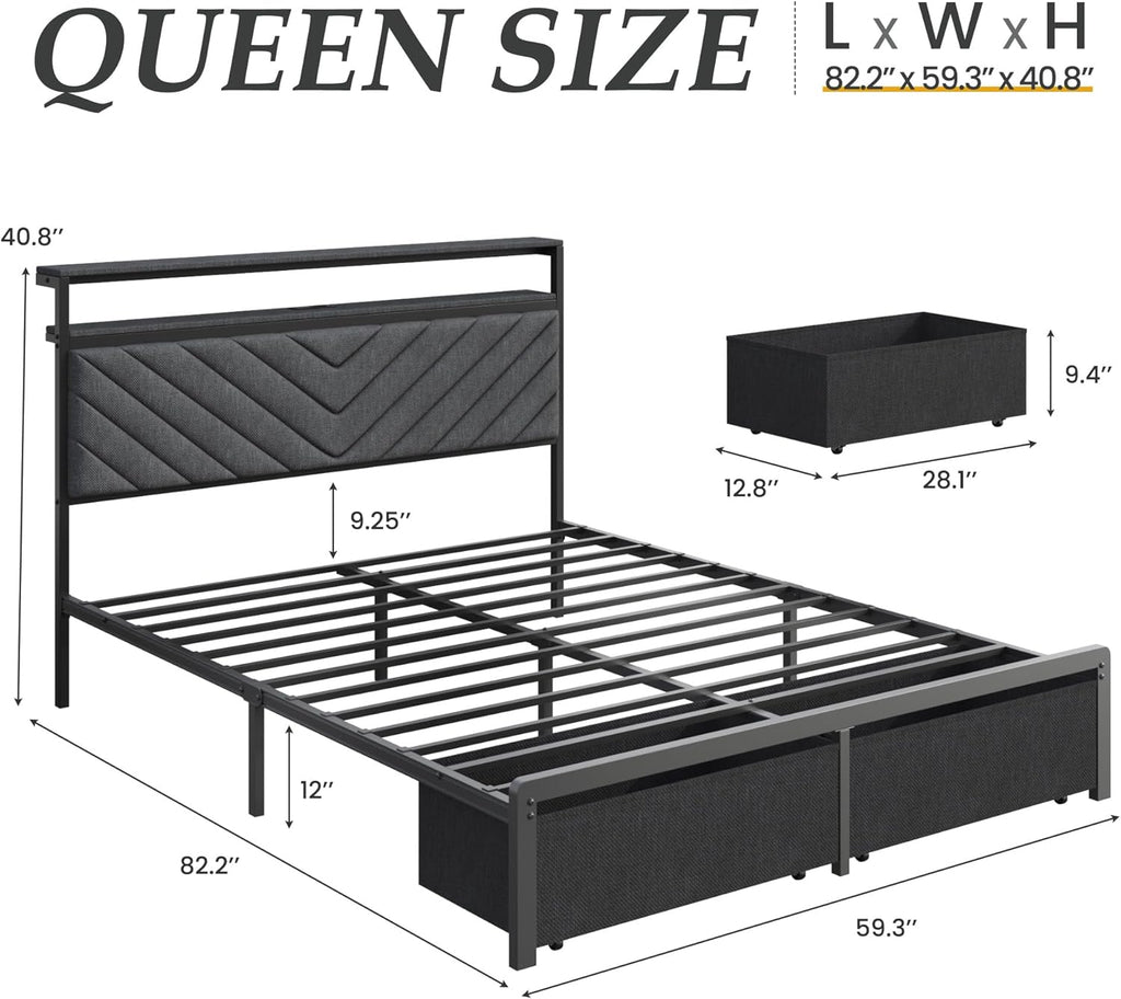 Queen Bed Frame with 2 Drawers, Upholstered Headboard with Storage and Charging Station, LED Lights
