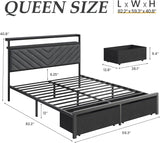 Queen Bed Frame with 2 Drawers, Upholstered Headboard with Storage and Charging Station, LED Lights