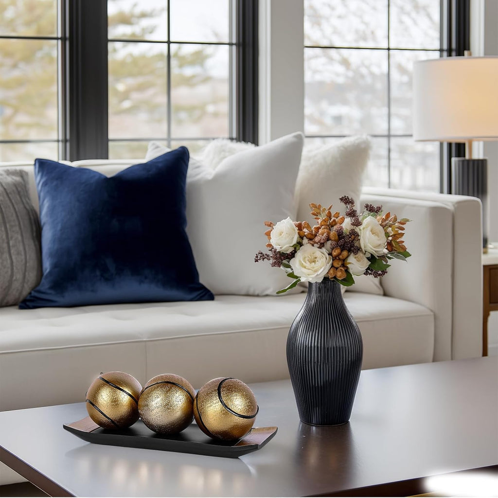 Decorative Tray with Balls Set, Black Gold Decor Orbs TV Stand, Coffee Table Centerpiece, Elegant Orbs Decorative