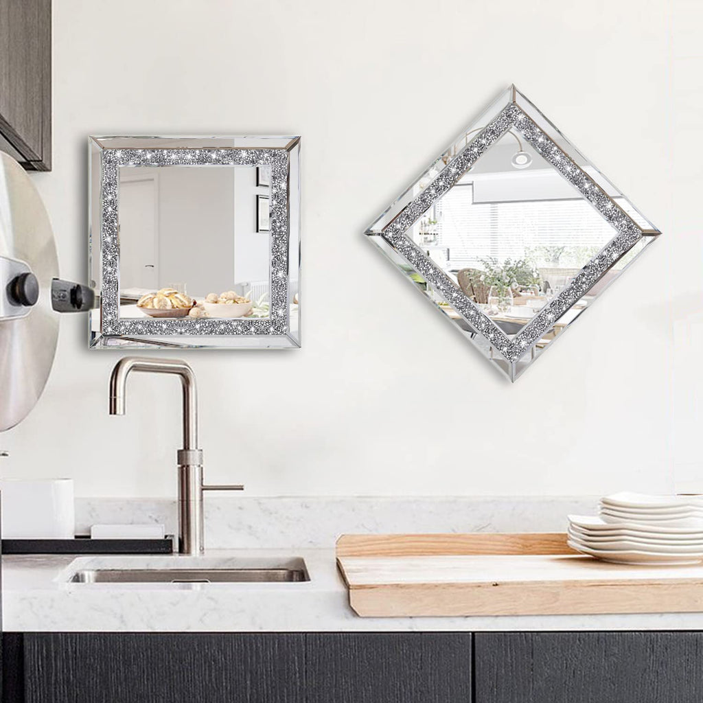 2PCS Crystal Rhinestone Diamond Wall Mirror.Brilliant Hand-Spliced Glass Mirror.Accent Decorative Mirror