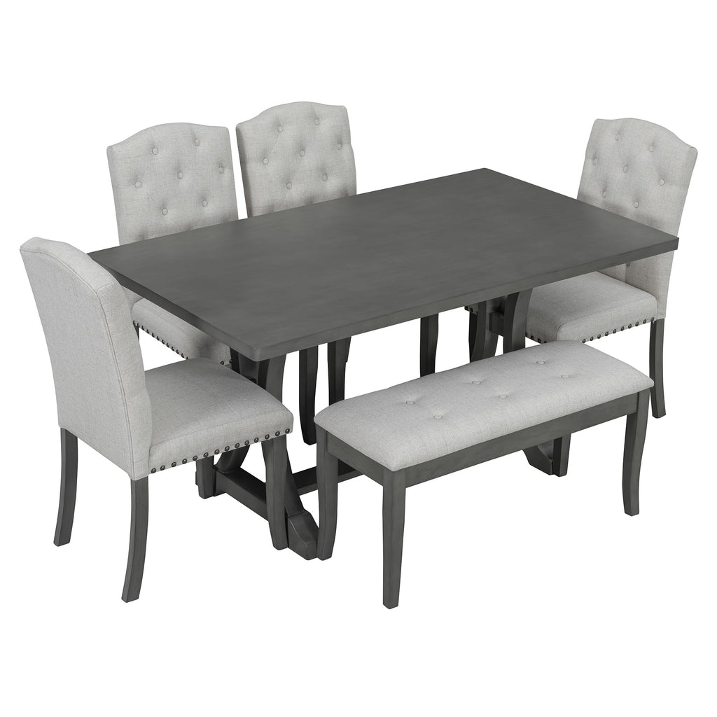 Farmhouse Dining Table Set for 6, Kitchen Table Set with Chairs and Bench, 6 Piece Solid Wood Dining Room Set with