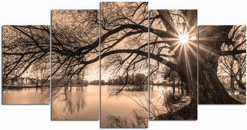 Large 5 Piece Canvas Wall Art Tree By Lake at Sunset Picture Canvas Prints Vintage Sepia Landscape Photo Painting