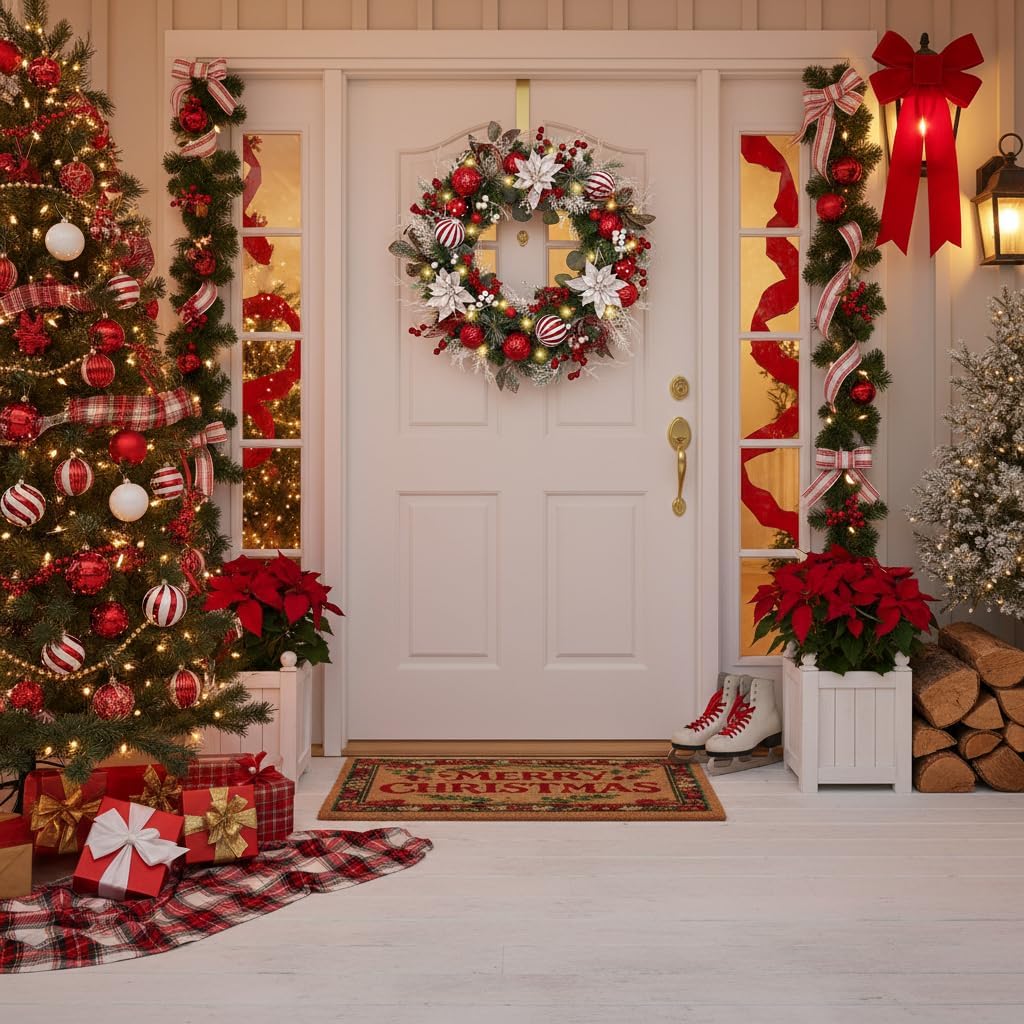 24'' Pre-Lit Christmas Wreath for Front Door with Light, Collapsible Lighted Outdoor Christmas Wreath with Red White