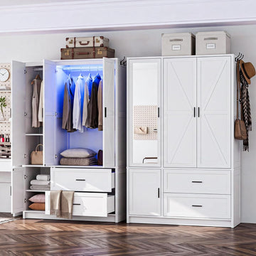 Wooden Wardrobe Closet Armoire with 3 Doors, White Storage Cabinet with Mirror and Led Lights, Bedroom Large Capacity