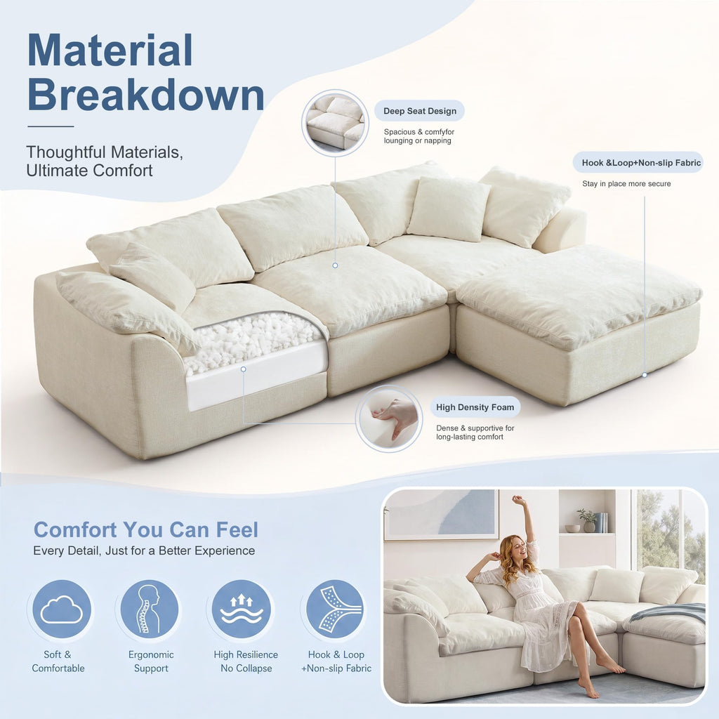 109" L-Shaped Modular Sectional Sofa, Cloud Comfy Chenille Couch (L-White)