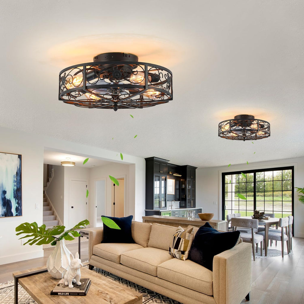 20'' Caged Ceiling Fan with Lights and Remote Control,Small Farmhouse Bladeless Low Profile Ceiling Fans Lights