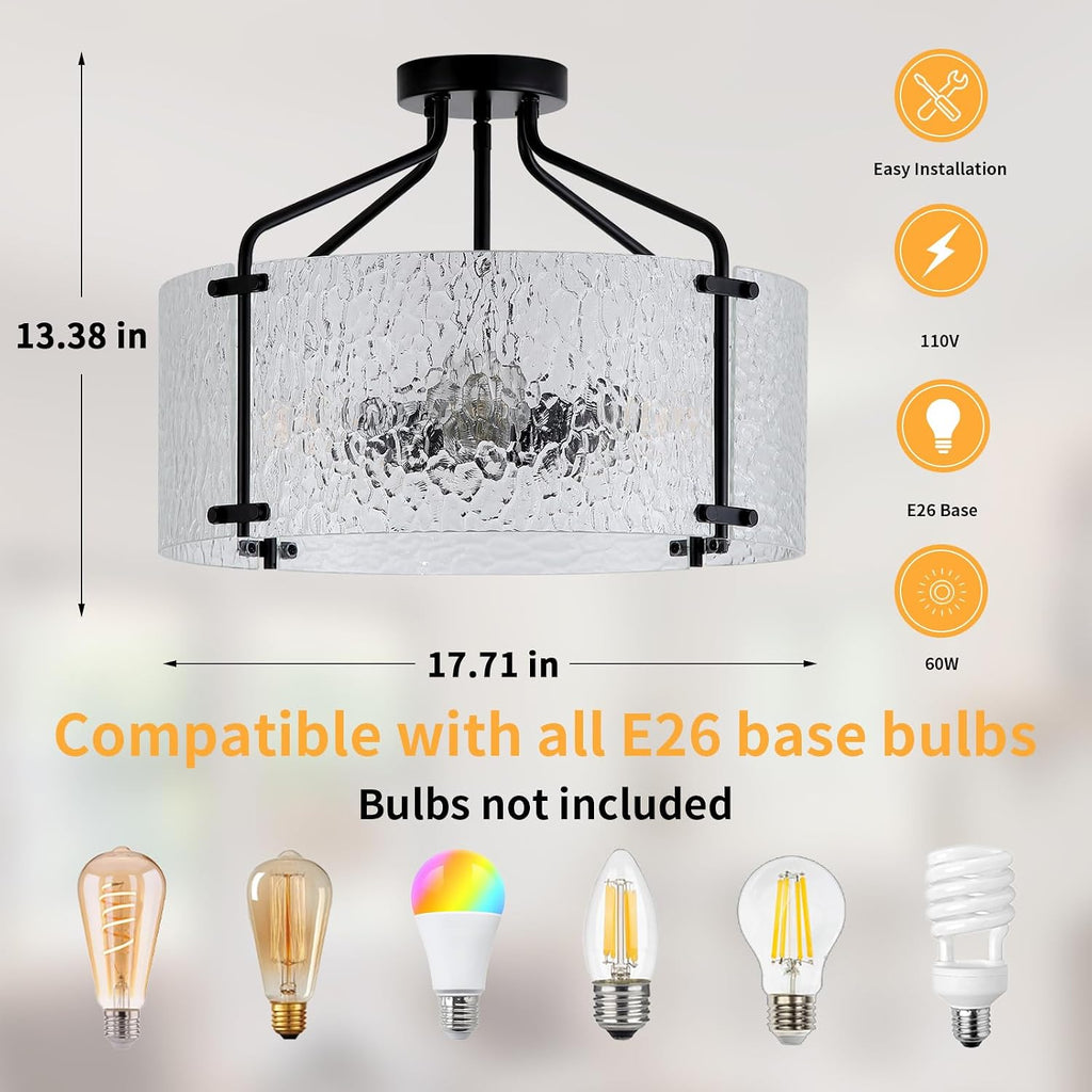 Semi Flush Mount Ceiling Light Fixture,Glass Drum Kitchen Lighting Fixtures Ceiling,18''Black Modern Light Fixture